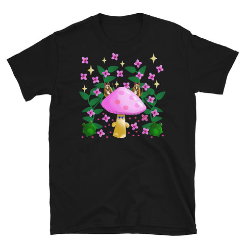 Cottagecore and kawaii style graphic t-shirt design, featuring mushrooms, frogs, field mice, flowers and leaves in a cute design on this black cotton t shirt by BillingtonPix