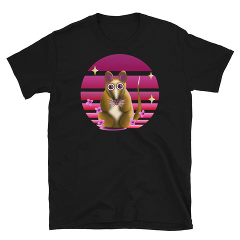 Brown woodland creature like a rat or mouse with large purple eyes stands in front of a pink vintage sunset with flowers and stars on this black cotton t-shirt by BillingtonPix