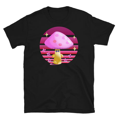 Yellow and pink grumpy mushroom stands in front of a purple vintage sunset with stars and blossom on this black cotton graphic t-shirt by BillingtonPix