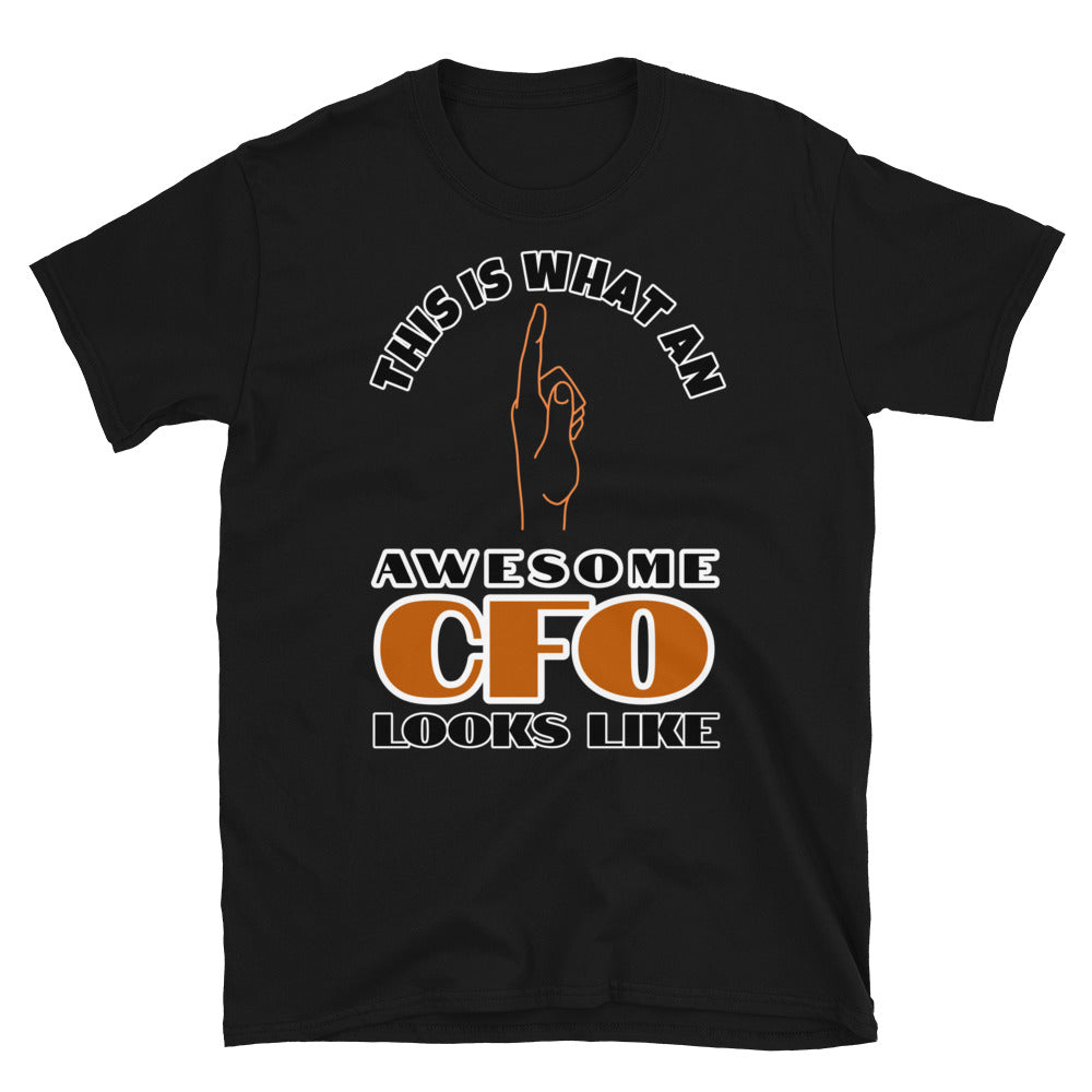 This is what an awesome CFO looks like including a hand pointing up to the wearer on this black cotton t-shirt by BillingtonPix