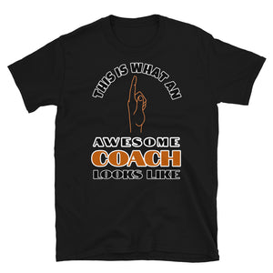 This is what an awesome coach looks like including a hand pointing up to the wearer on this black cotton t-shirt by BillingtonPix