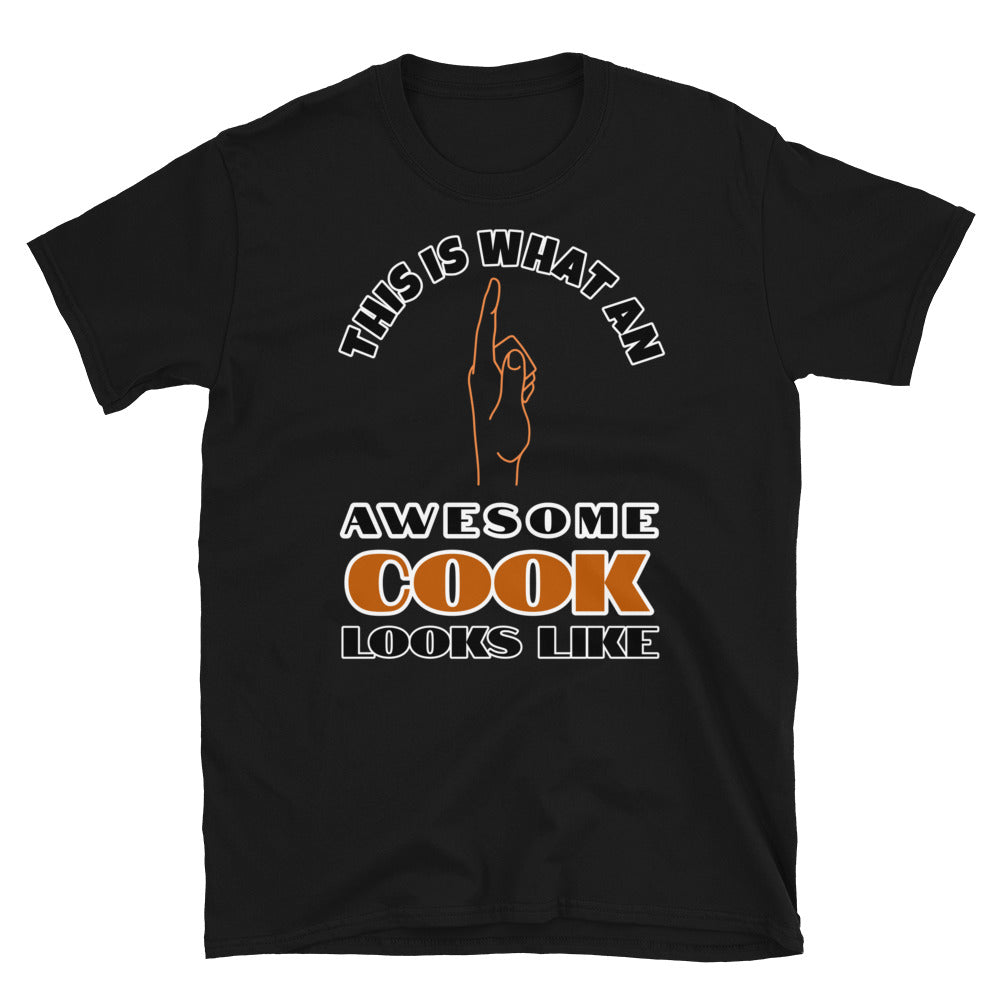 This is what an awesome cook looks like including a hand pointing up to the wearer on this black cotton t-shirt by BillingtonPix