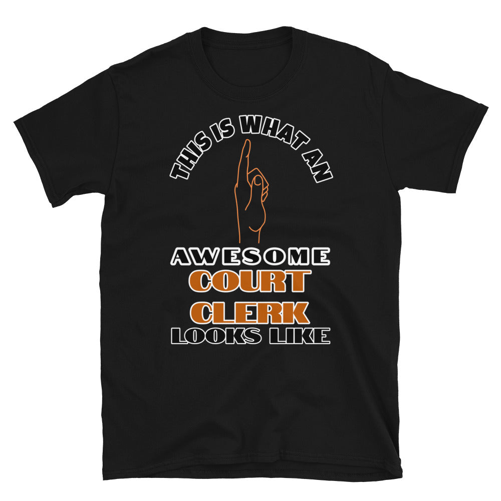 This is what an awesome court clerk looks like including a hand pointing up to the wearer on this black cotton t-shirt by BillingtonPix