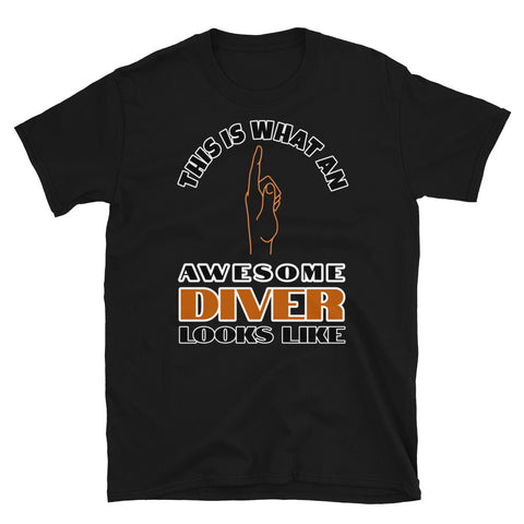This is what an awesome diver looks like including a hand pointing up to the wearer on this black cotton t-shirt by BillingtonPix