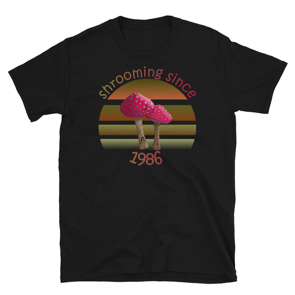 Shrooming since 1986 cute Goblincore style design with two red fly agaric mushrooms with distressed look against a multi-toned nature colour palette abstract vintage sunset design on this black cotton t-shirt by BillingtonPix