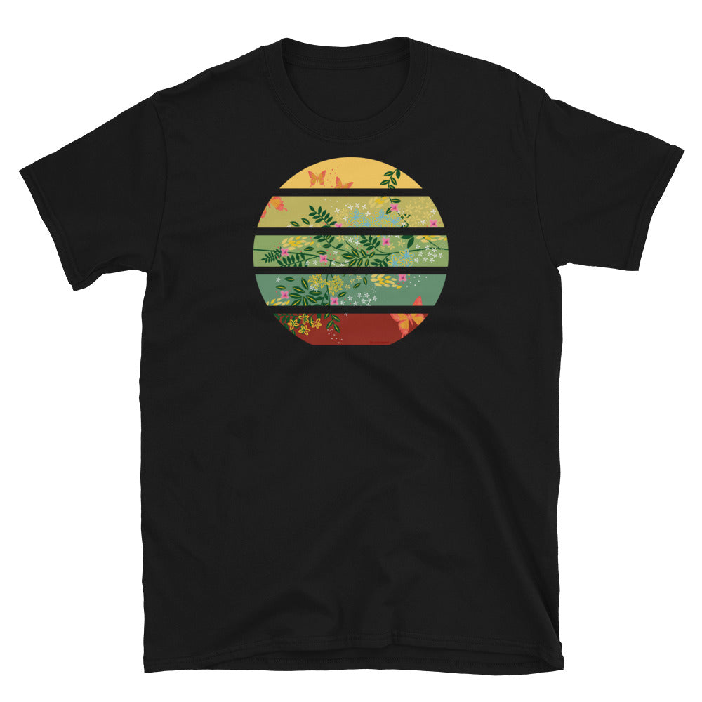 Vintage sunset, striped Cottagecore scene of flowers, butterflies and leaves on this awesome nature  themed black cotton t-shirt by BillingtonPix