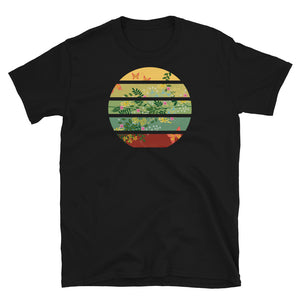 Vintage sunset, striped Cottagecore scene of flowers, butterflies and leaves on this awesome nature  themed black cotton t-shirt by BillingtonPix