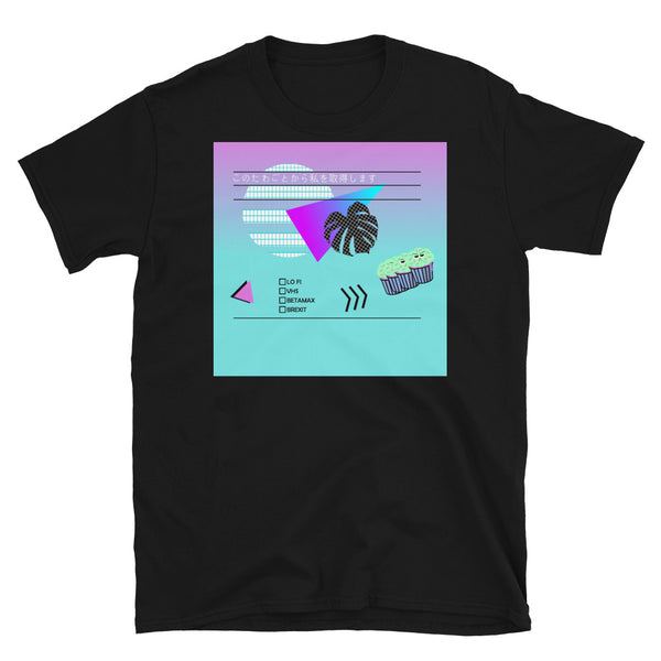 80s / 90s Vaporwave style design in a nod to the old video cassette cases with Japanese script which translates as Get Me Out of This Script. Mildly political message around Brexit and the global pandemic. Abstract vintage sunset and monstera leaf and grumpy cupcakes symbolising the sunlit uplands of Brexit. A tick box list of Lo-Fi, VHS, Betamax or Brexit signals the choices we are left with. Design sits against a gradient of turquoise blue and pink. Black t-shirt by BillingtonPix