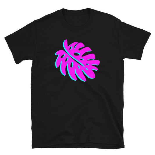 Vaporwave retrowave monstera leaf cheese plant leaf in pink and blue with 90s style glitch on this retro design black t-shirt by BillingtonPix