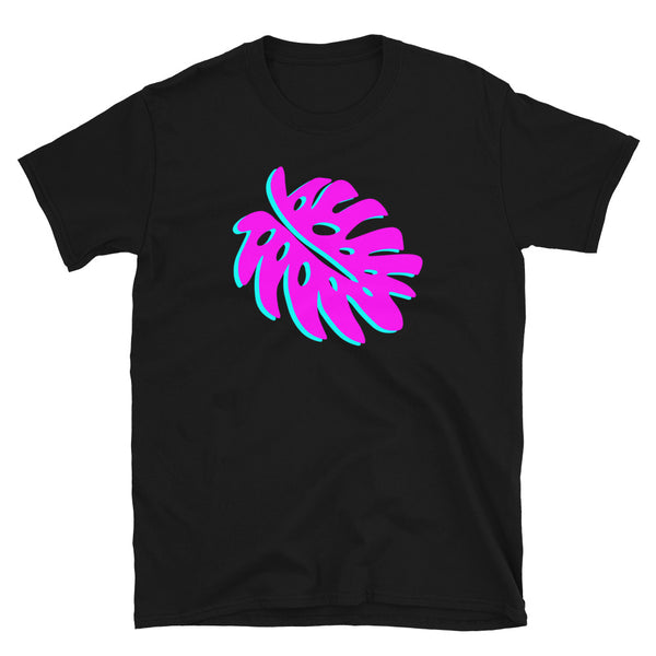 Vaporwave retrowave monstera leaf cheese plant leaf in pink and blue with 90s style glitch on this retro design black t-shirt by BillingtonPix