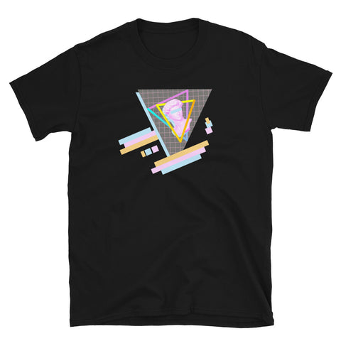 Retrowave inspired graphic t-shirt, incorporating a bust of Michelangelo's David within a neon triangle set in pink, turquoise, orange and yellow and grid alongside a Dreamwave style pastel design of geometric shapes in orange, pink and blue