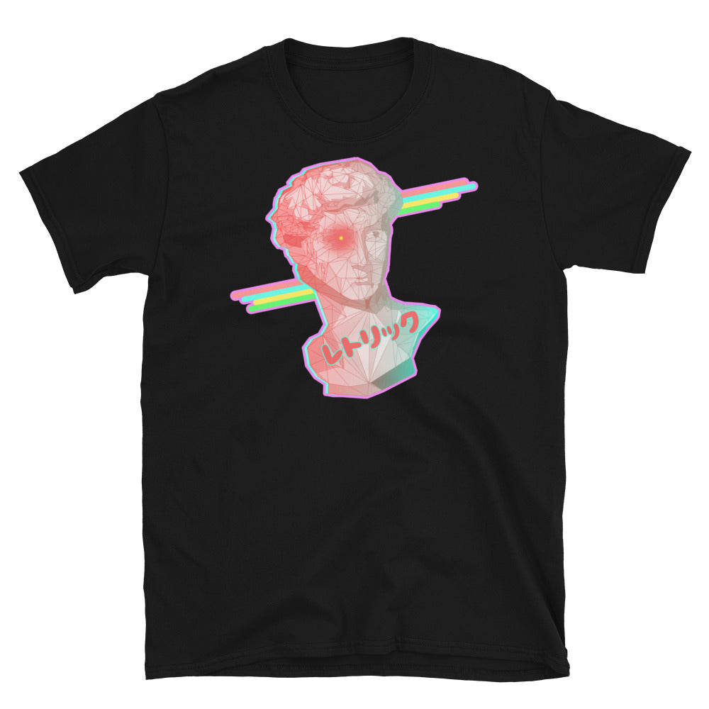 Retrowave design t-shirt in a 90s Dreamwave style featuring Michelangelo's David containing a grid format overlay and a gradient pastel tone from pink to blue. In the background, behind the statue bust, are some 90s disco stripes and at the base is the Japanese word レトリック or Rhetoric. The bust contains a turquoise blue glitch which protrudes from the left hand side. Surrounding the entire composition is a pastel pink outline on this black cotton t-shirt by BillingtonPix