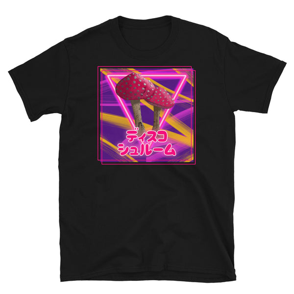 Disco Shroom t-shirt with a neonwave style design, neon lighting, stripes and vibe in tones of pink, red and yellow. Shows two mushrooms in the centre in front of a neon triangle and the Japanese words ディスコ シュルーム meaning Disco Shroom on this black cotton t-shirt by BillingtonPix