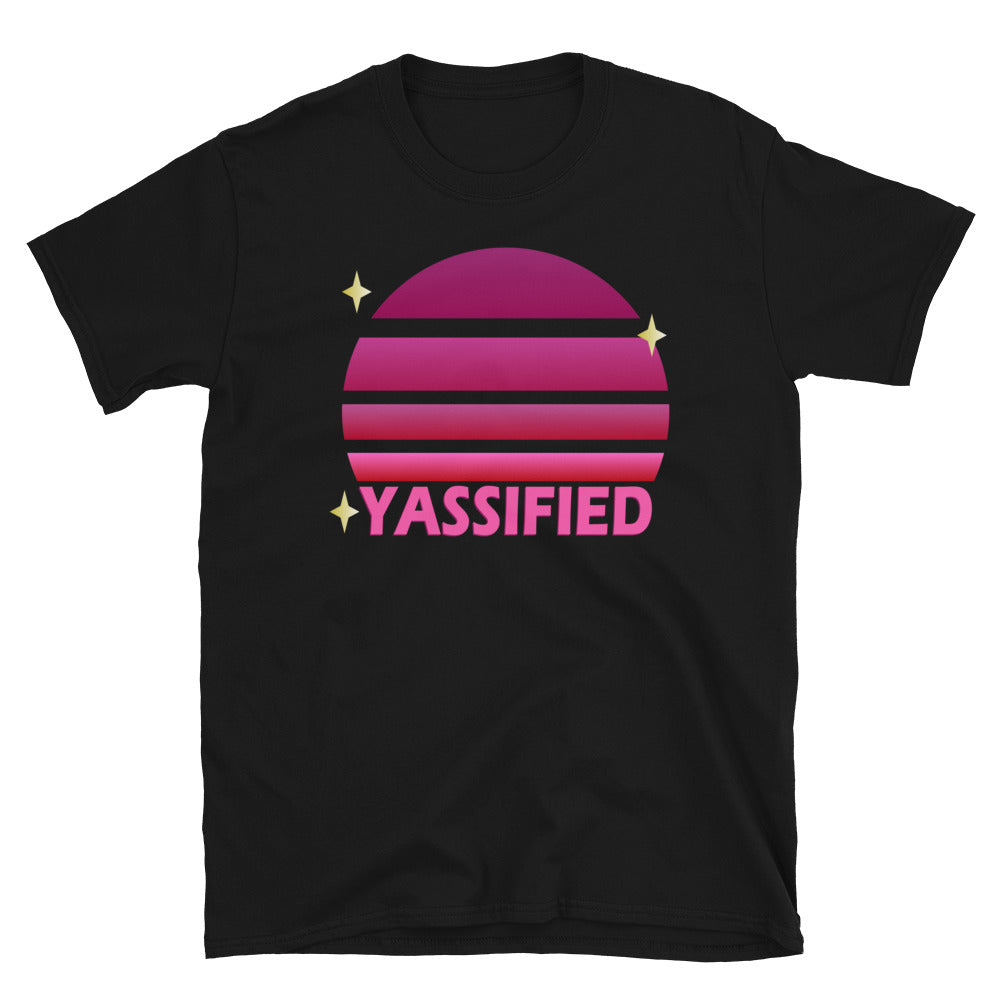 Pink vintage sunset with stars and the word Yassified on this black cotton t-shirt by BillingtonPix