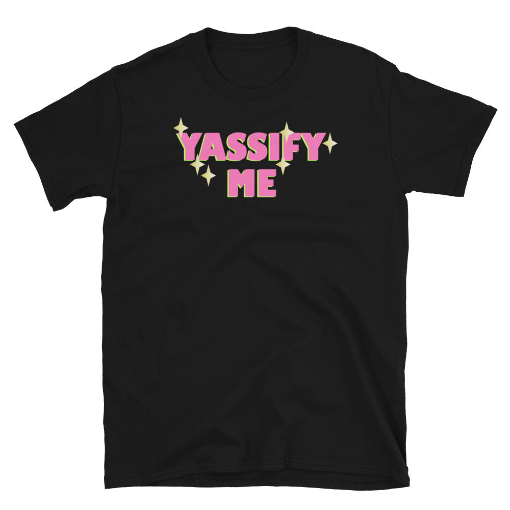 Funny camp Yassify Me LGBT slogan t-shirt in black cotton by BillingtonPix