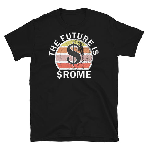 Crypto coin currency t-shirt with $Rome ticker symbol on this black cotton shirt by BillingtonPix