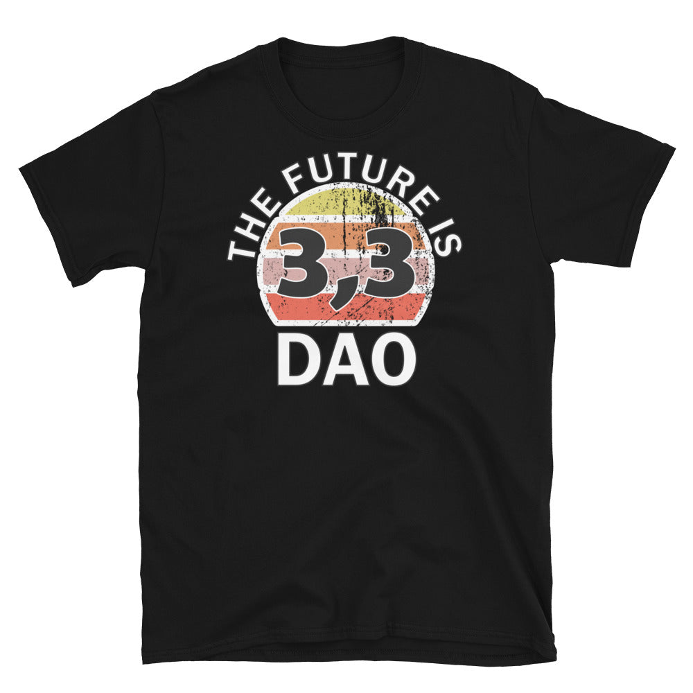 The future is DAO Decentralised Autonomous Organisation 3,3 cryptocurrency t-shirt in black cotton by BillingtonPix