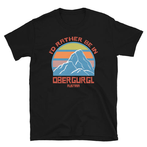 Obergurgl Austria vintage sunset mountain ski and snowboarding themed retro design t-shirt in orange, blue, yellow and pink on this black tee by BillingtonPix