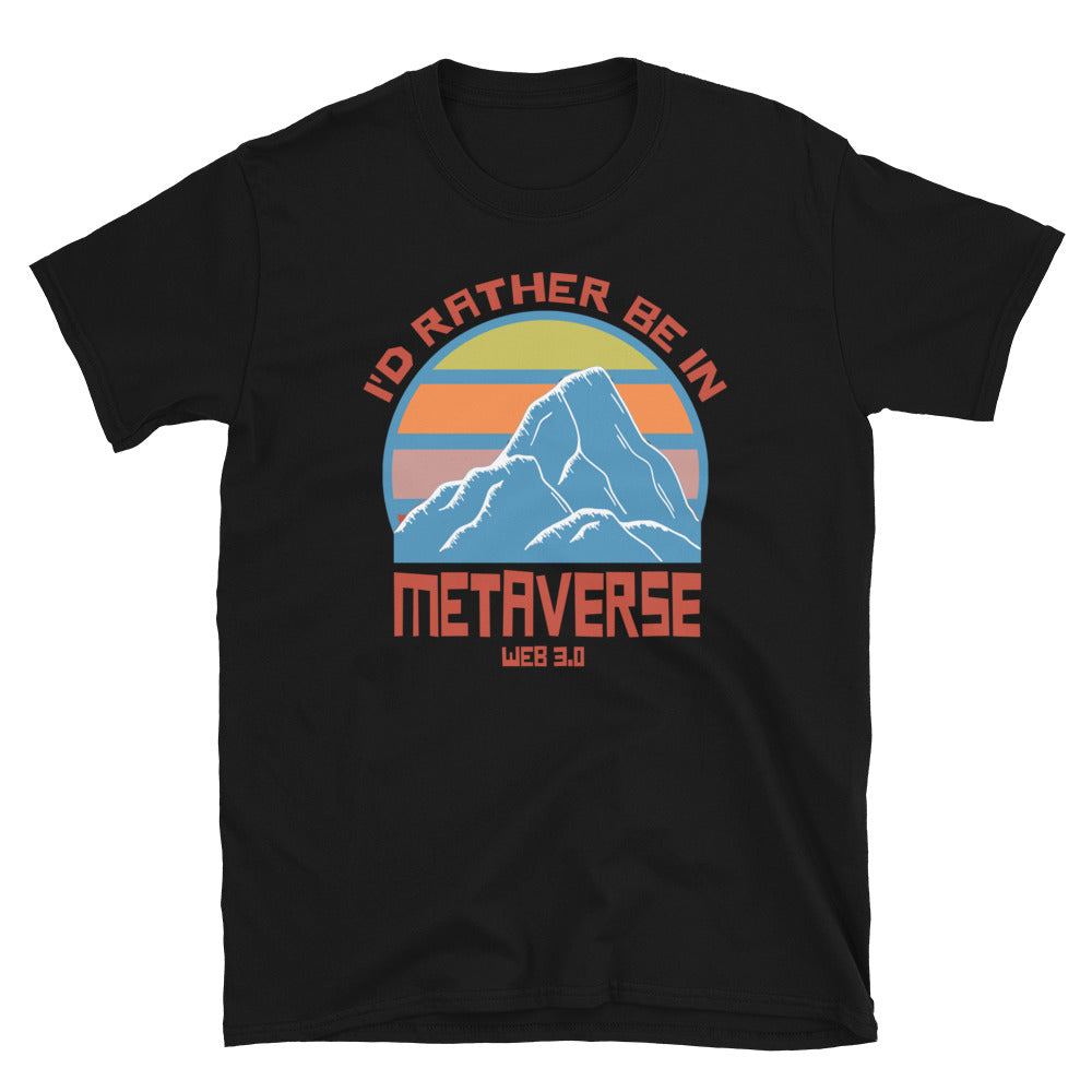 Vintage sunset mountain orange and blue design t-shirt with slogan Id rather be in Metaverse Web 3.0 on this black cotton t-shirt by BillingtonPix