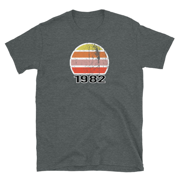 Minimalist design vintage sunset 1982 design dark heather t-shirt year of birth