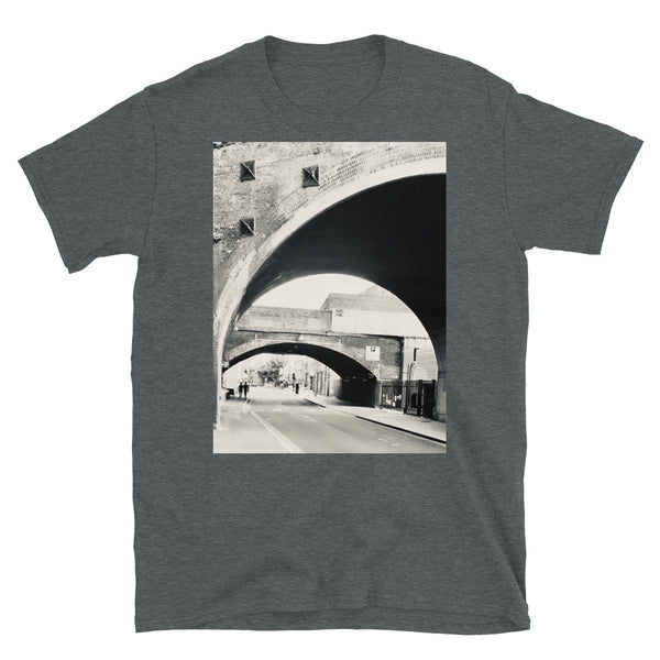 T-shirt with vintage sepia style photographic view of Southwark, London, with geometric curves of underside of Victorian railway bridges and a few ghostly figures in the distant vista.