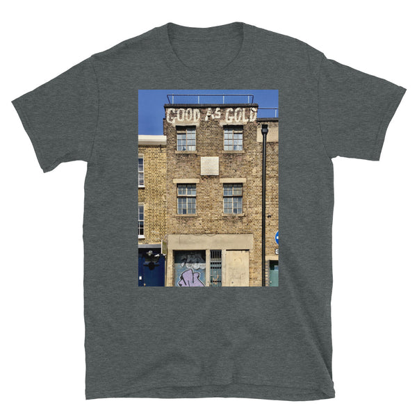 Good as Gold photographic t-shirt of a street view in Southwark in South London on this dark grey cotton t-shirt by BillingtonPix