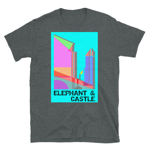 Colorful representative Pop Art style image of a view of Elephant and Castle with modern tall skyscrapers and old Victorian railway line on this t-shirt