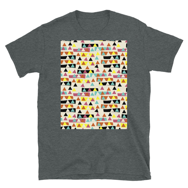 Retro style colored triangles in blocks of color in a mid century modern style pattern design inspired by Alexander Girard on this t-shirt