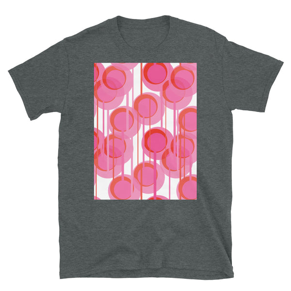 This Mid-Century Modern style shirt consists of colorful geometric circular shapes in various tones of pink, connected vertically by narrow tentacles to form and almost hanging mobile type abstract circular pattern on a white background