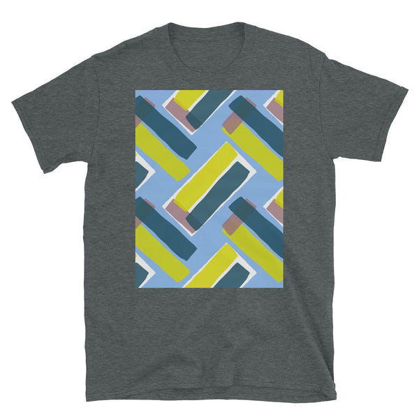 The vintage style graphic design printed on the front of this tee consists of diagonal color blocks in an alternating criss-cross format on a cerulean blue background