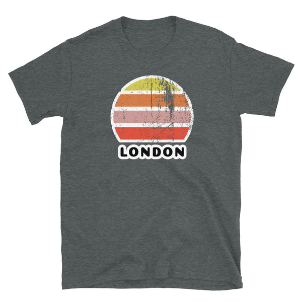 Vintage retro sunset in yellow, orange, pink and scarlet with the name London beneath on this dark heather t-shirt