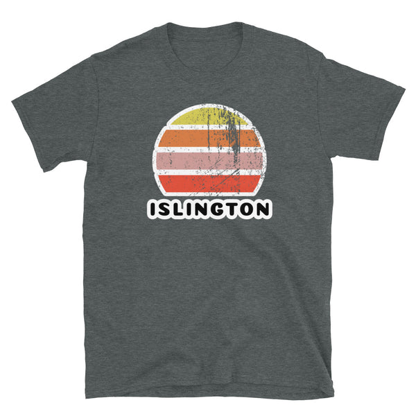 Vintage retro sunset in yellow, orange, pink and scarlet with the name Islington beneath on this dark heather t-shirt