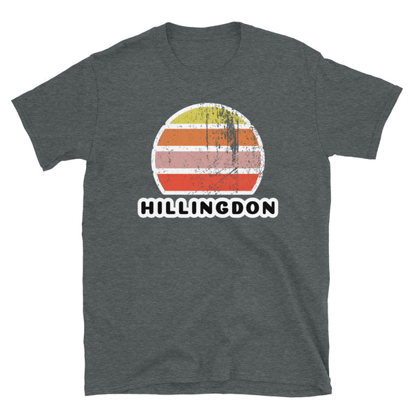 Vintage retro sunset in yellow, orange, pink and scarlet with the name Hillingdon beneath on this dark heather t-shirt