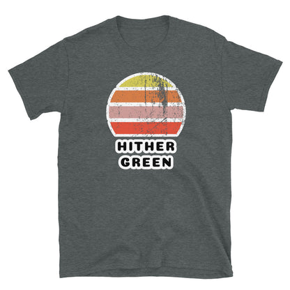 Vintage distressed style retro sunset in yellow, orange, pink and scarlet with the London neighbourhood of Hither Green beneath on this dark grey black cotton t-shirt