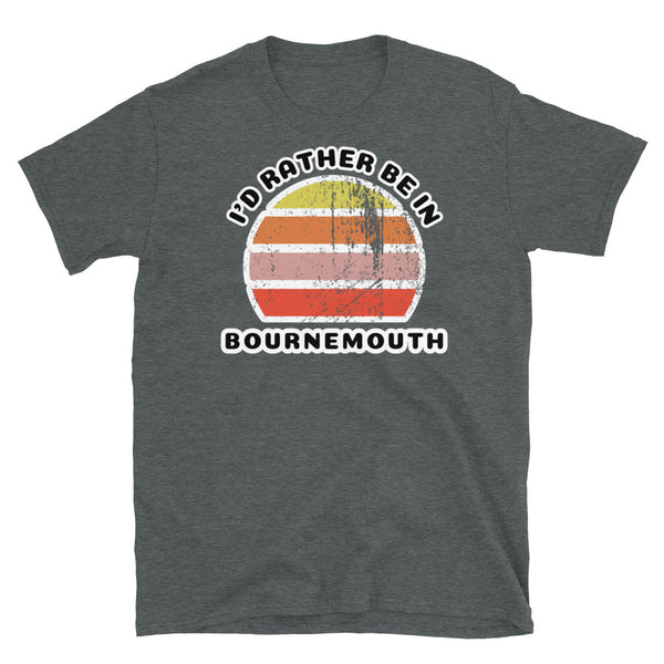 Vintage style distressed effect sunset graphic design t-shirt entitled I'd Rather be in Bournemouth on this dark grey cotton tee