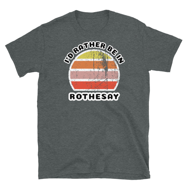 Vintage style distressed effect sunset graphic design t-shirt entitled I'd Rather be in Rothesay on this dark grey cotton tee
