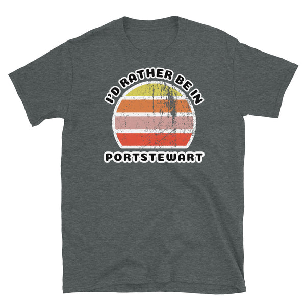 Vintage style distressed effect sunset graphic design t-shirt entitled I'd Rather be in Portstewart on this dark grey cotton tee