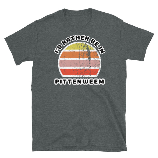 Vintage style distressed effect sunset graphic design t-shirt entitled I'd Rather be in Pittenweem on this dark grey cotton tee