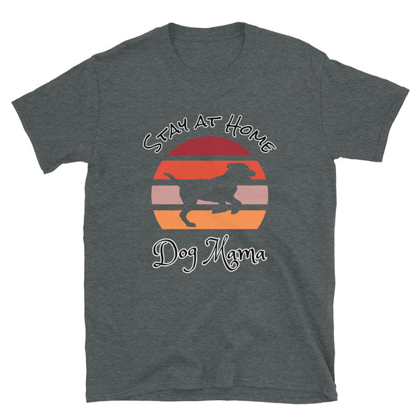 Cute Dog themed dark grey t-shirt with sunset design and Labrador dog silhouette and the words Stay at Home Dog Mama