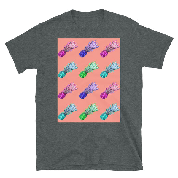 Brightly coloured pineapples in a diagonal formation against a peach background on this dark grey cotton t-shirtt