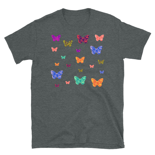 Multicoloured rainbow floral patterned butterflies on this cute dark grey cotton t-shirt by BillingtonPix