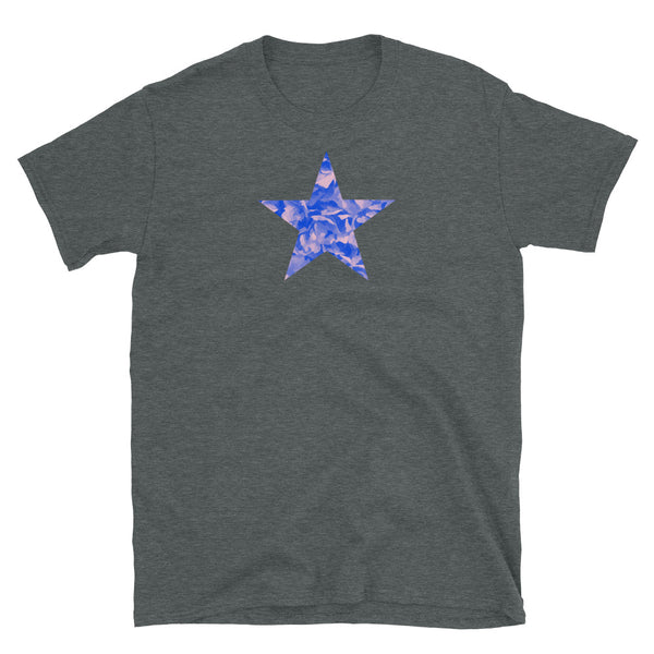 Blue floral star cutout with pink tones on this cotton dark grey t-shirt
