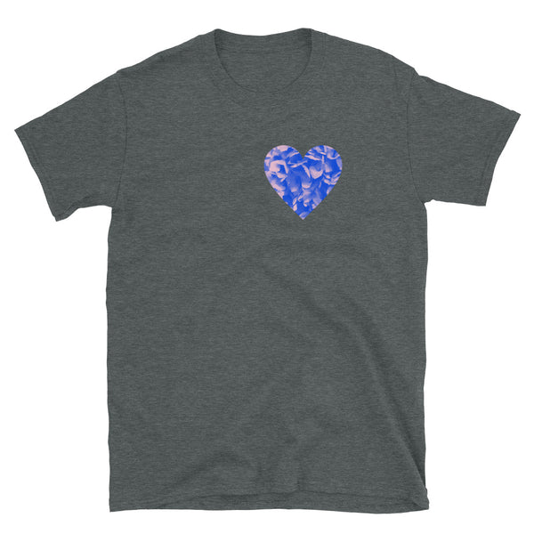 Blue floral patterned blue heart with tones of pink positioned in the heart position on this dark grey cotton-t-shirt