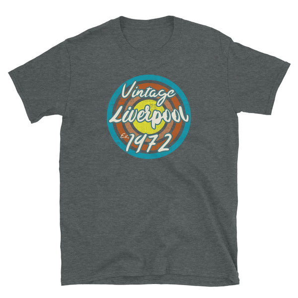 Vintage Liverpool Est. 1972 retro vintage grunge style design in turquoise, orange, pink and yellow tones for birthday gift ideas on this dark grey cotton t-shirt