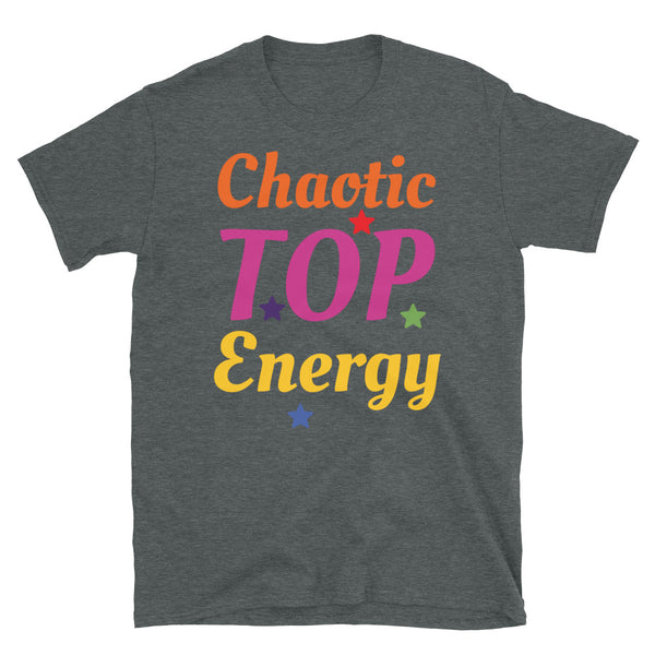 LGBT t-shirt with the slogan meme Chaotic Top Energy and stars all in the colours of the gay rainbow flag on this dark grey cotton tee