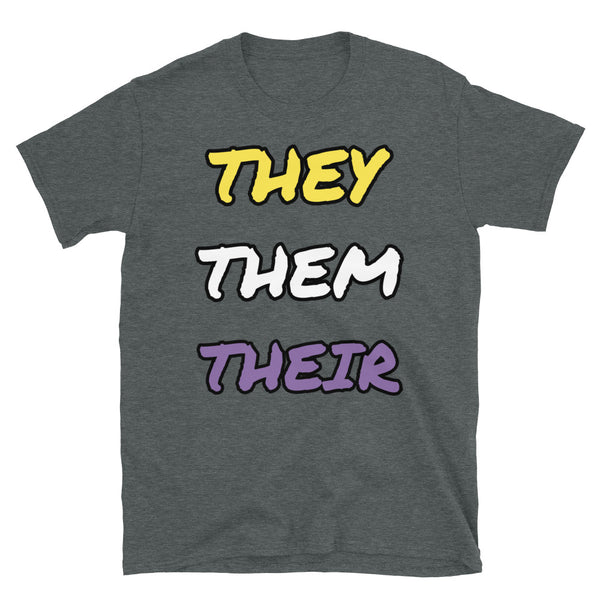 They They Their Non-binary slogan t-shirt in non binary colour scheme on this dark grey cotton LGBT t-shirt