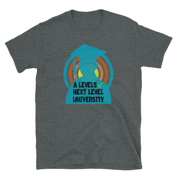 A Levels Sorted Next Level University gamer funny slogan graphic tee with distressed style turquoise mortar board silhouette person in front of a concentric circular design on this dark grey cotton t-shirt by BillingtonPix