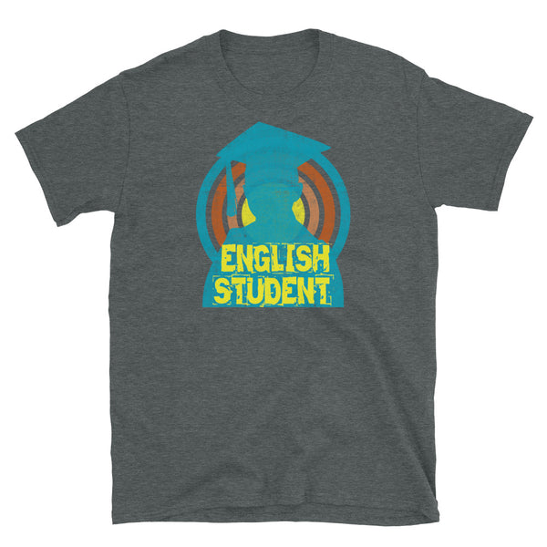 English Student novelty tee with a distressed style turquoise silhouetted student against a concentric circular design and the words English Student in bold yellow font on this dark grey cotton fun graphic t-shirt by BillingtonPix