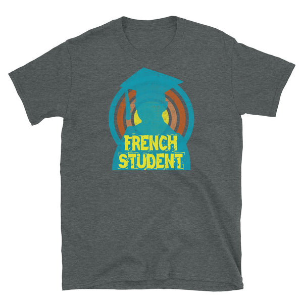 French Student novelty tee with a distressed style turquoise silhouetted student against a concentric circular design and the words French Student in bold yellow font on this dark grey cotton fun graphic t-shirt by BillingtonPix