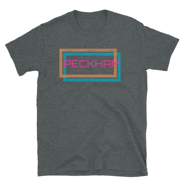 Peckham London neighbourhood in an offset double frame design of a blue and an orange distressed style framing on this dark grey cotton t-shirt by BillingtonPix